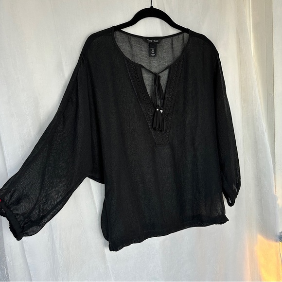 3/$20 💥 WHBM Sheer Black Blouse Embroidered V-Neck w/ Tassels - Picture 4 of 17